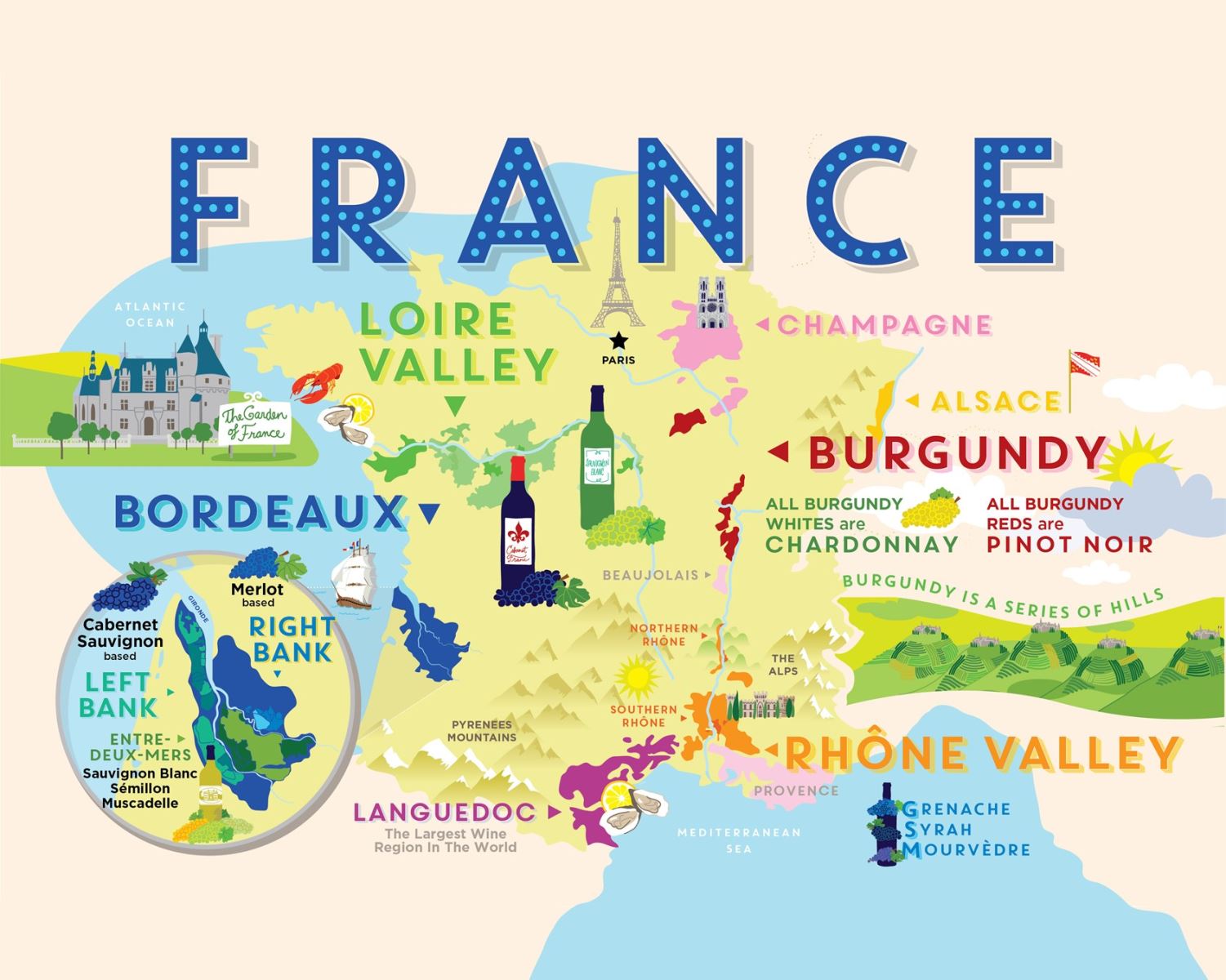 Bản đồ minh họa các vùng rượu vang nổi tiếng của Pháp như Bordeaux, Burgundy, Champagne, Rhône và Alsace.