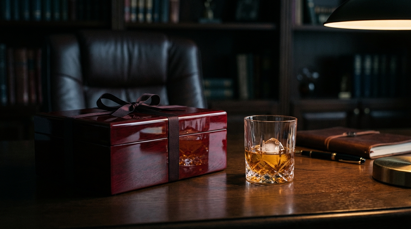 Hộp quà sơn mài đỏ burgundy đặt trên bàn làm việc gỗ sồi đậm, bên cạnh ly pha lê Ridel, phản chiếu sự quyền uy của doanh nghiệp