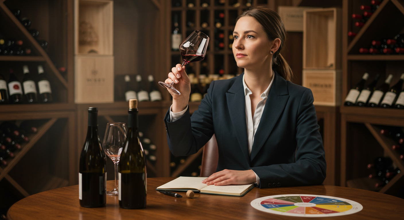 Chuyên gia WSET3 thưởng thức rượu vang, tập trung vào màu sắc và hương thơm