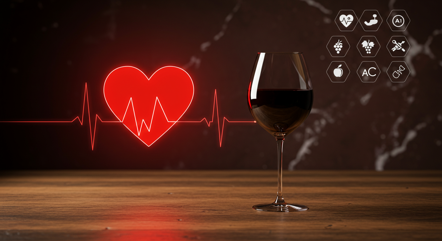 Ly rượu vang đỏ và biểu tượng trái tim, minh họa lợi ích cho tim mạch