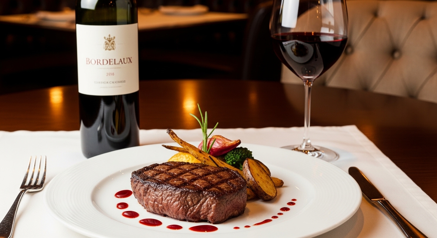 "A perfectly seared steak with roasted root vegetables, elegantly plated, alongside a glass of full-bodied Bordeaux red wine. The wine bottle is partially visible. Cozy, upscale restaurant ambiance, warm lighting. Food photography style."