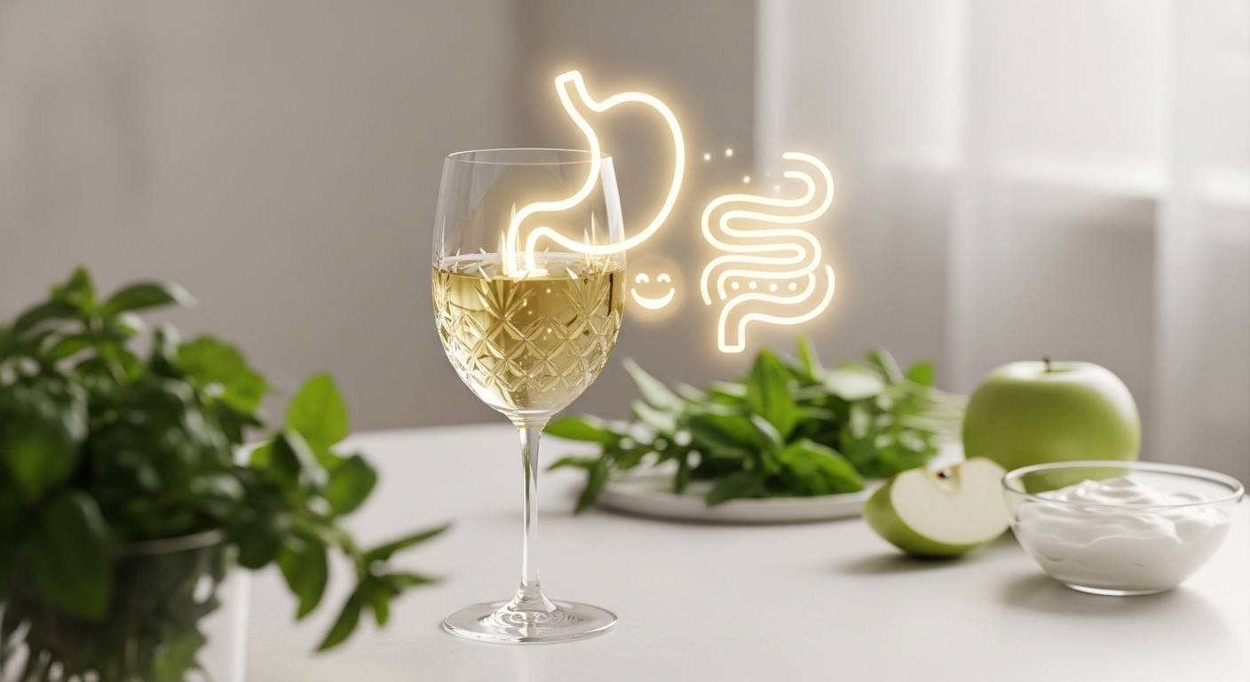 Ly rượu vang trắng và biểu tượng tiêu hóa khỏe mạnh