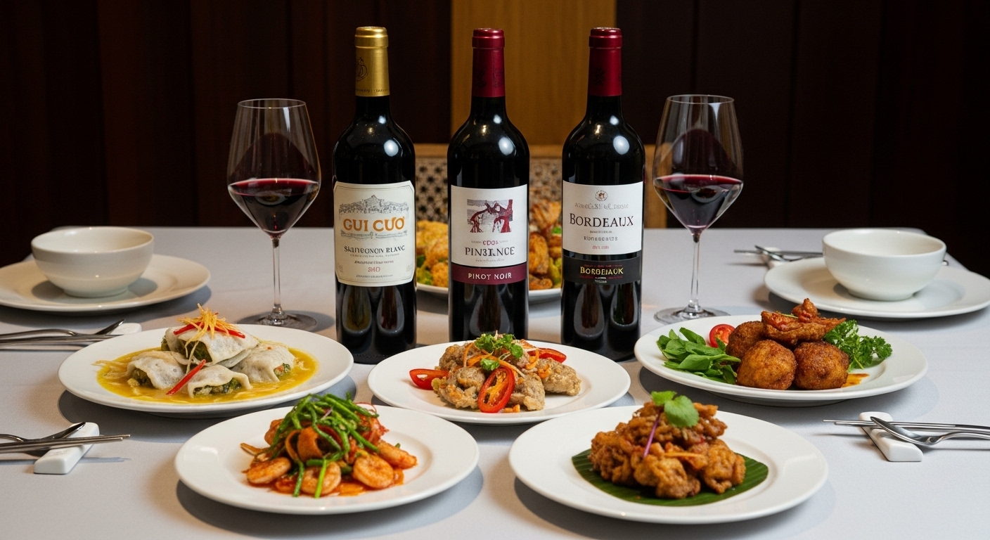 Rượu vang Pháp kết hợp với món ăn Việt Nam: Sauvignon Blanc và gỏi cuốn, Pinot Noir và thịt nướng, Bordeaux và bò kho.