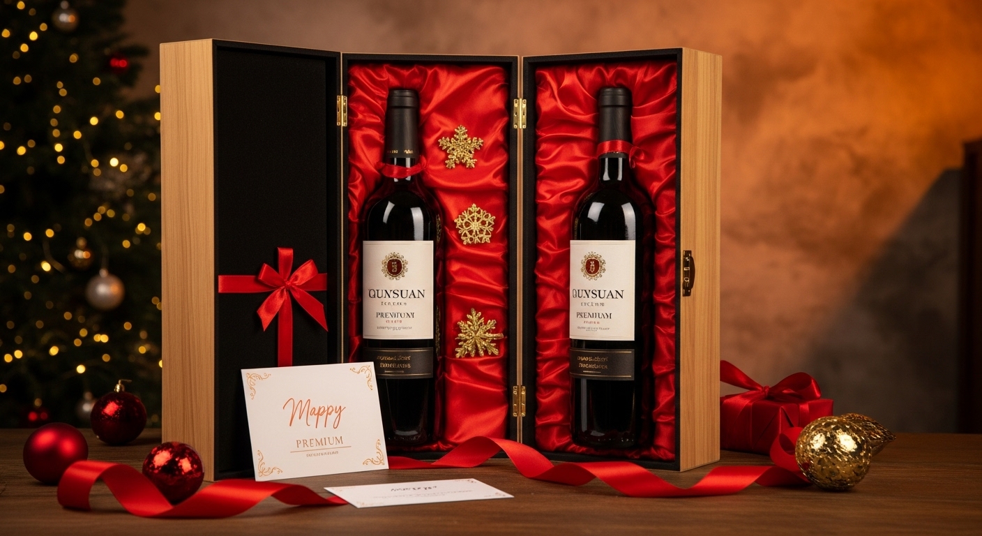 Hộp quà sang trọng gồm hai chai rượu vang cao cấp Opus One và Amarone trong hộp gỗ lót lụa, kèm thiệp chúc và ruy băng. Phù hợp làm quà biếu trong dịp lễ, tông màu ấm, bố cục 16:9.