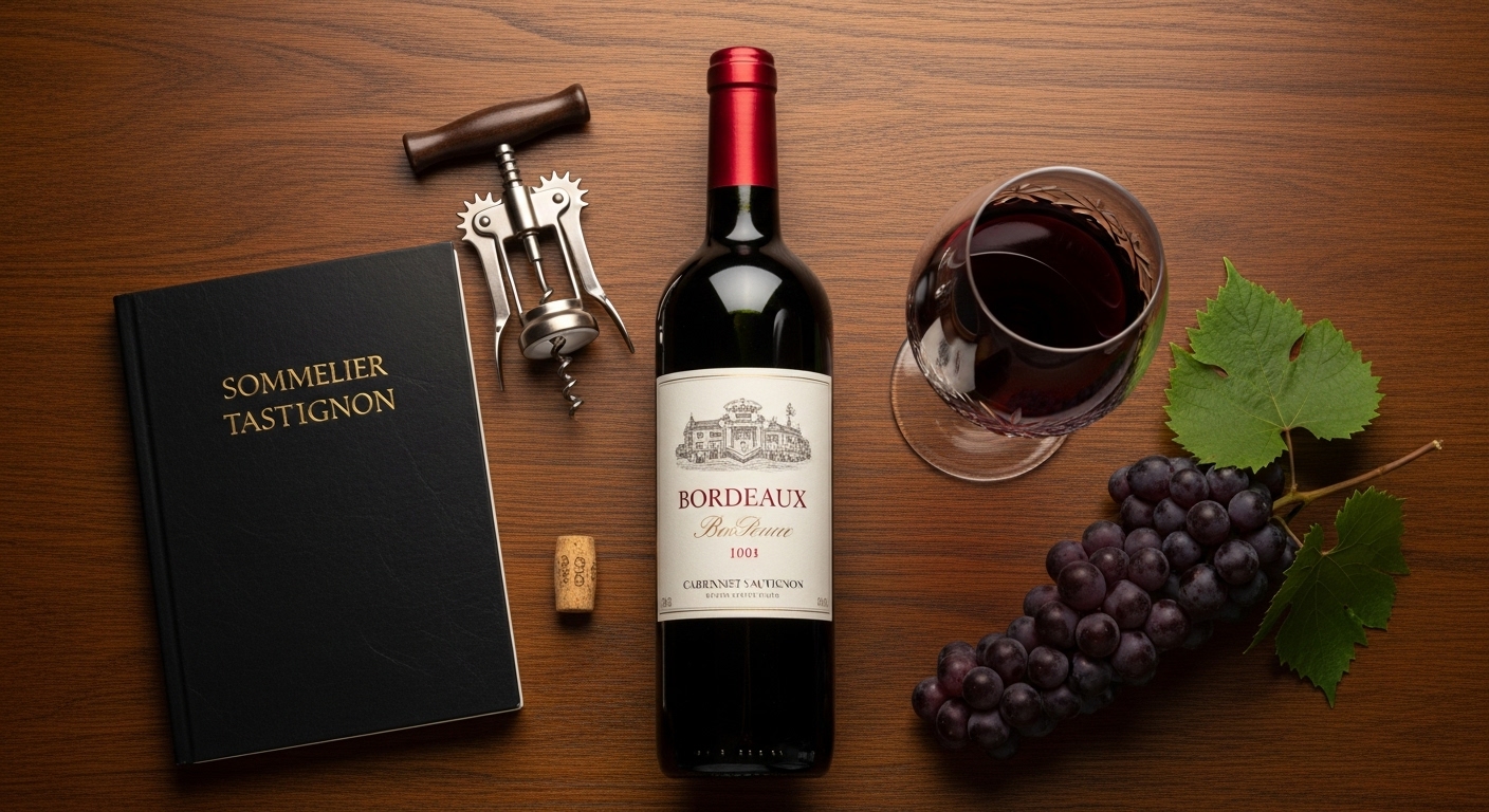 "A luxurious flat lay of essential Bordeaux wine appreciation elements: a classic Bordeaux wine bottle with an elegant label, a crystal wine glass filled with deep red wine, a vintage corkscrew, a sommelier's tasting notebook, and a small bunch of ripe Cabernet Sauvignon grapes, on a dark oak table. Warm, sophisticated lighting, top-down view, photorealistic."