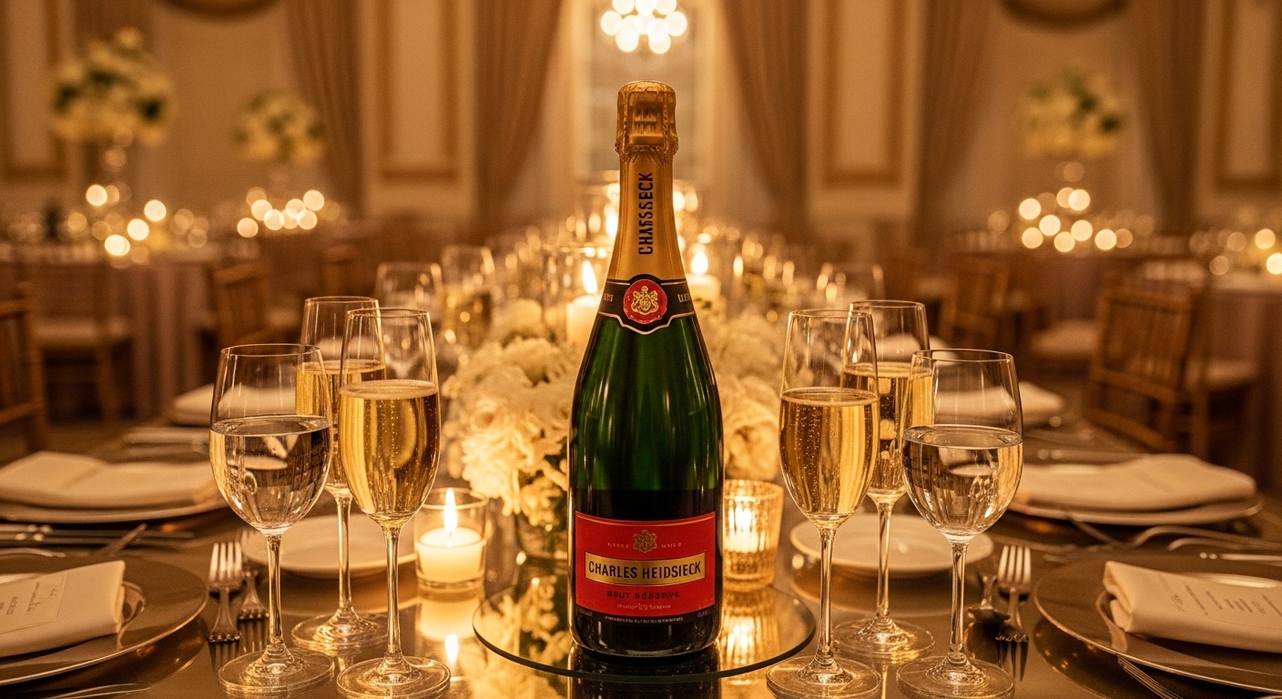 Cận cảnh chai Charles Heidsieck Champagne trên bàn đá, nhãn nổi bật, ly rượu bên cạnh, ánh sáng mềm mại, sang trọng.