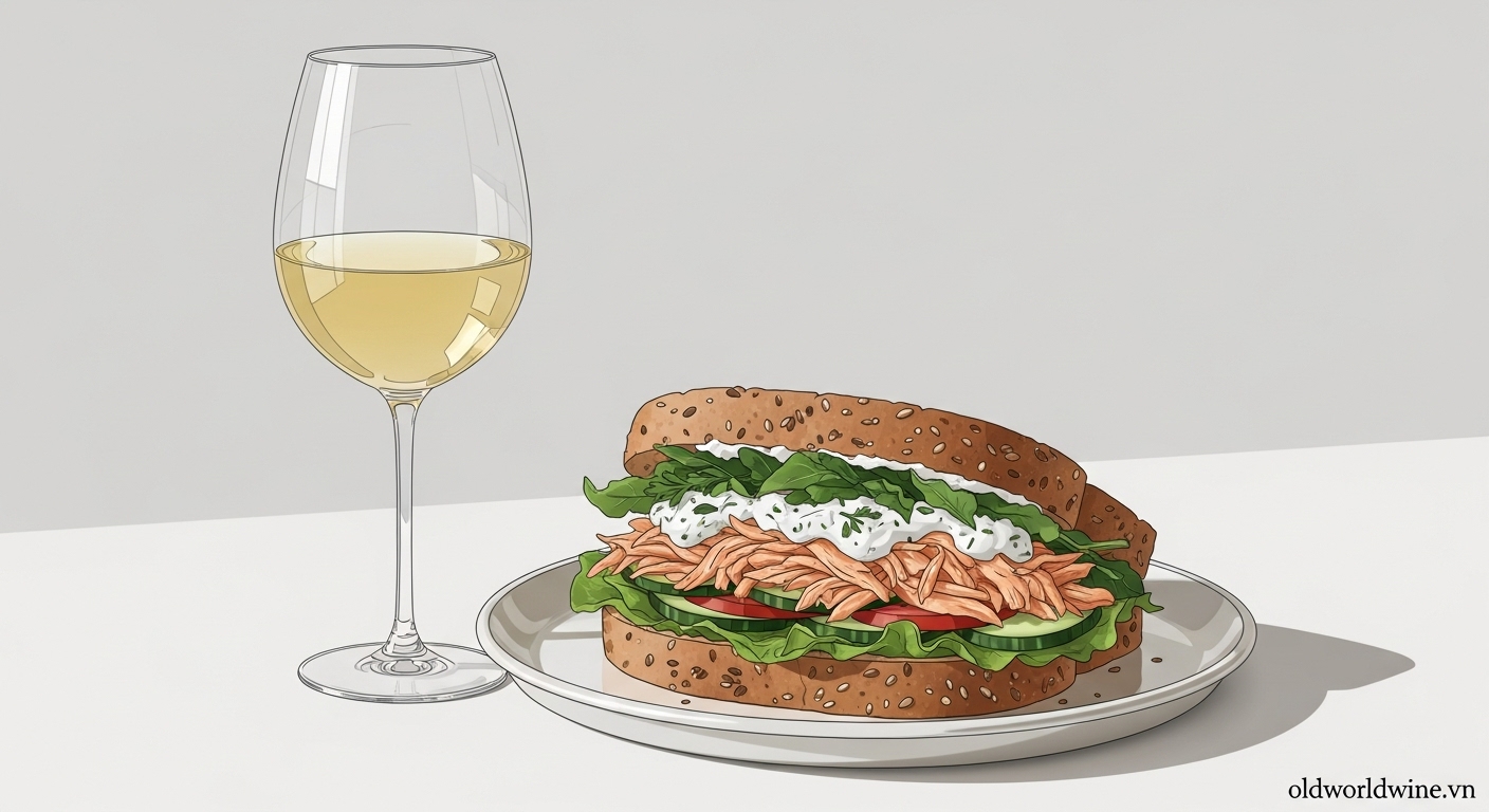Hình ảnh sandwich gà xé với sốt sữa chua và rau xanh, kết hợp cùng ly vang trắng không ủ gỗ sồi – bữa ăn nhẹ lành mạnh và tinh tế.
