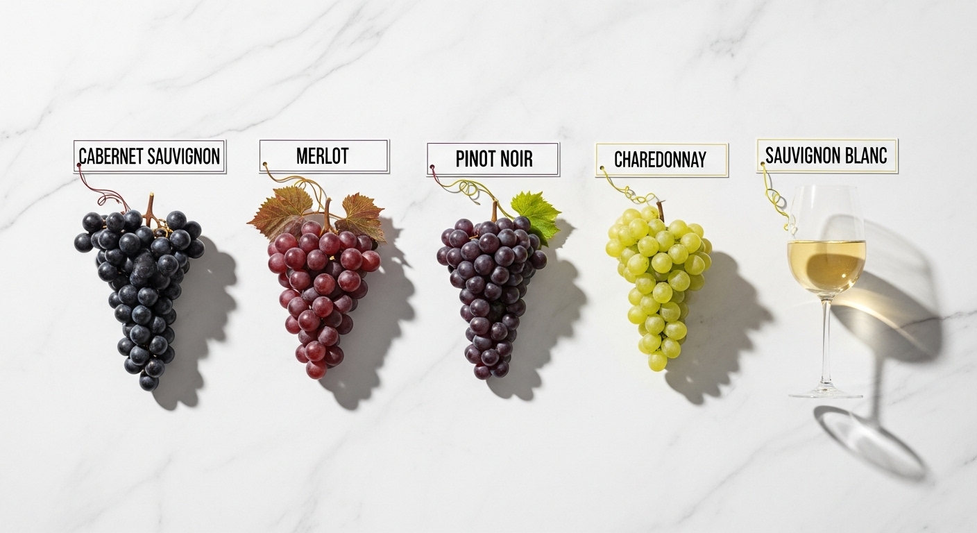 Các loại nho dùng làm rượu vang Pháp: Cabernet Sauvignon, Merlot, Pinot Noir, Chardonnay, Sauvignon Blanc trên nền đá cẩm thạch.