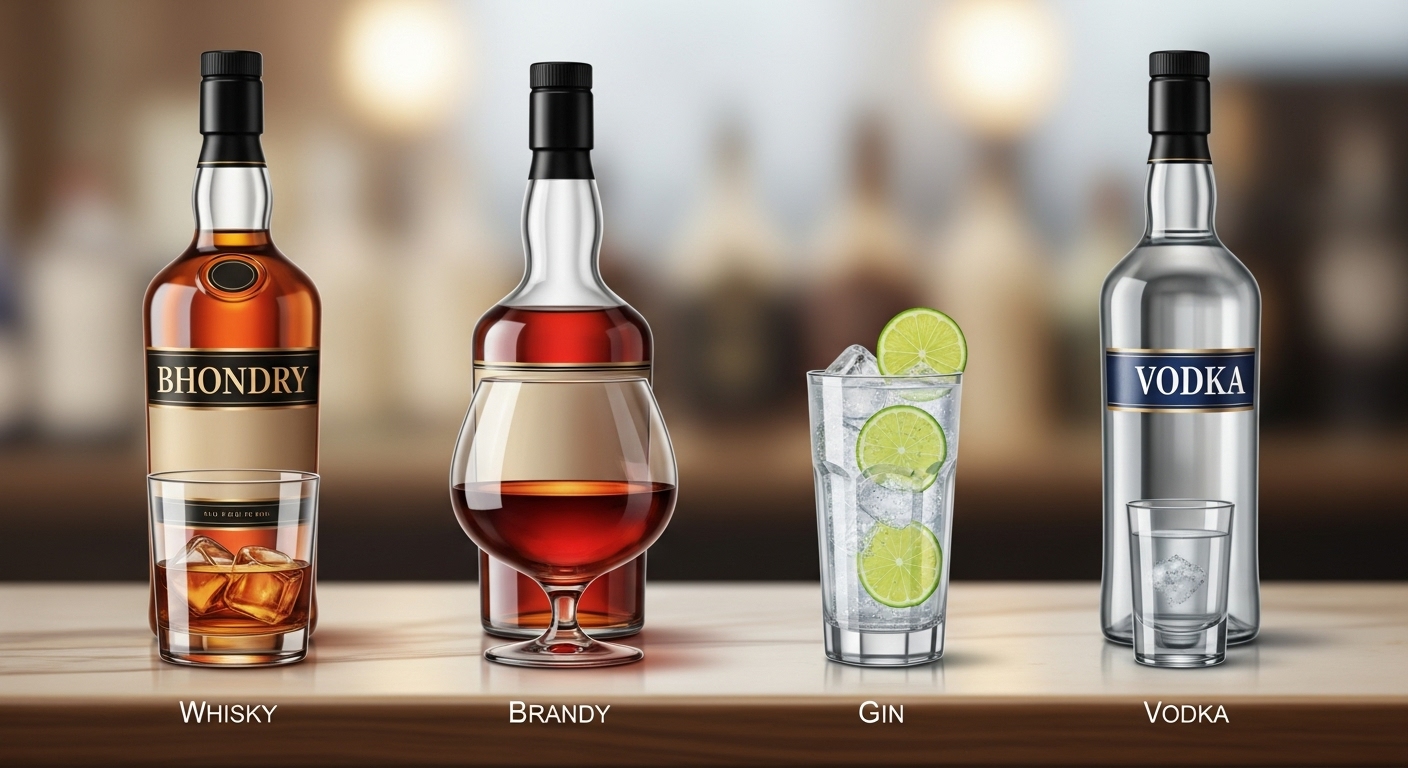 Hình ảnh minh họa các loại rượu ngoại phổ biến như Whisky, Brandy, Gin, Vodka