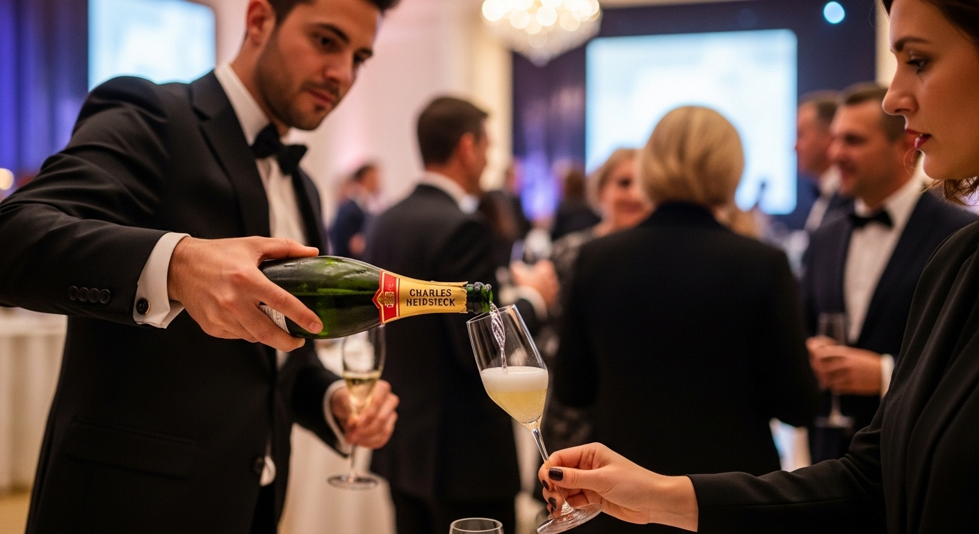 Nhân viên phục vụ rót Champagne Charles Heidsieck trong sự kiện sang trọng, khách mời mặc lễ phục, không khí tiệc đẳng cấp.