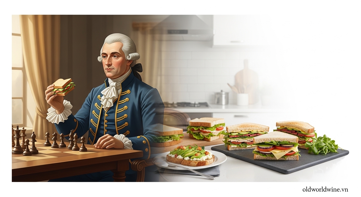 Minh họa quá trình phát triển của bánh mì sandwich từ giới quý tộc Anh thế kỷ 18 đến món ăn phổ biến toàn cầu với nhiều biến thể hiện đại, tiện lợi và dinh dưỡng.