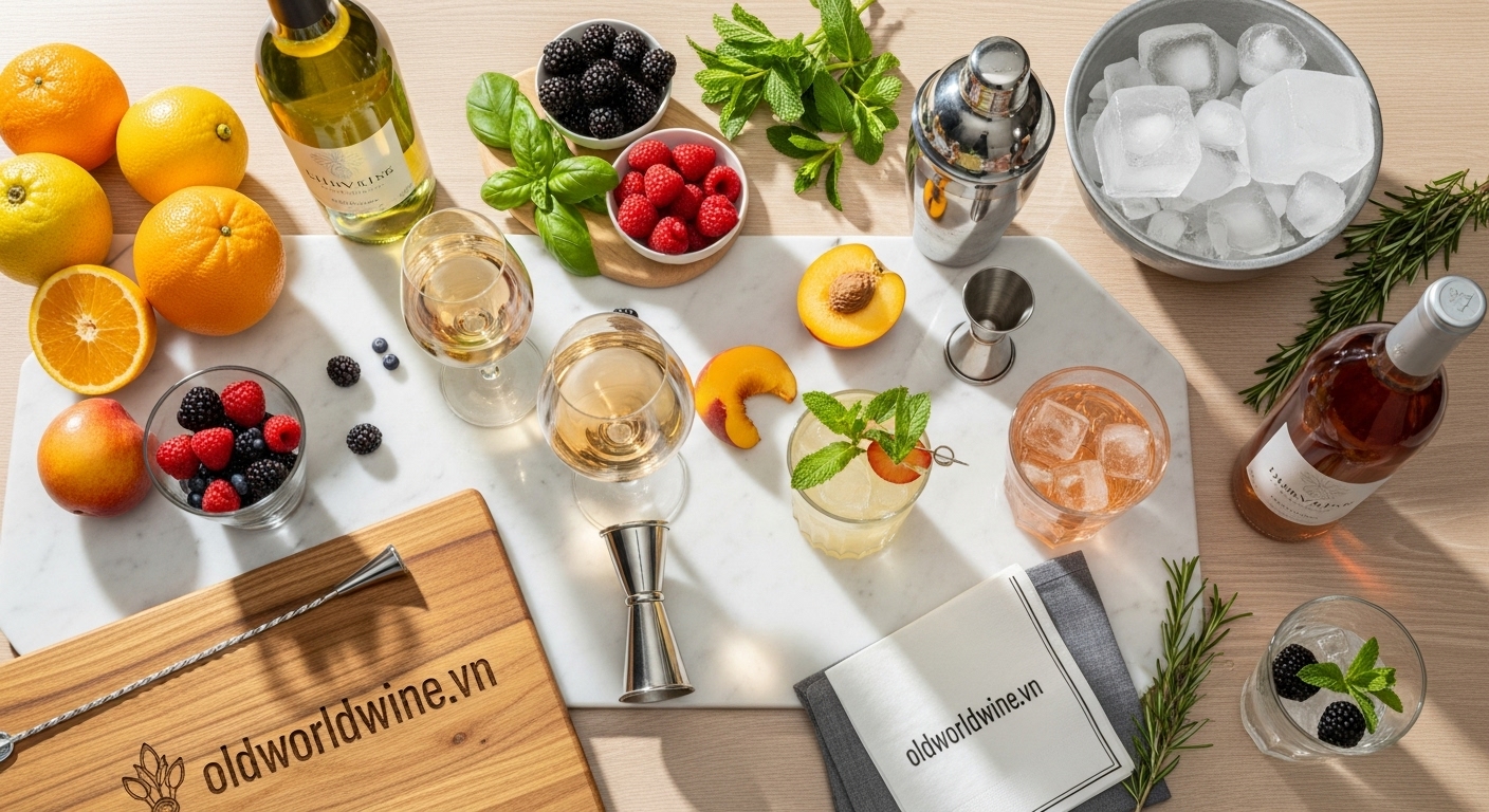 Bàn pha chế cocktail rượu vang với trái cây tươi, thảo mộc, dụng cụ và ly cocktail được trang trí đẹp mắt