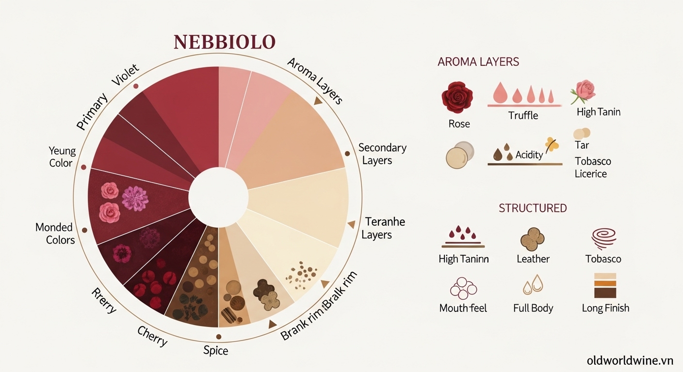 Hình minh họa cảm quan rượu vang Nebbiolo với màu sắc, tầng hương thơm và cấu trúc vị đặc trưng