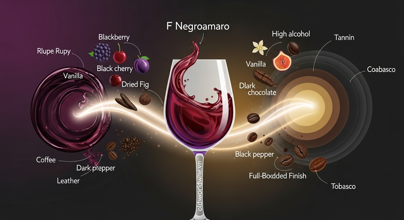 Minh họa cảm quan rượu Vang F Negroamaro với màu sắc ruby đậm, hương thơm trái cây đen và cấu trúc đậm đà