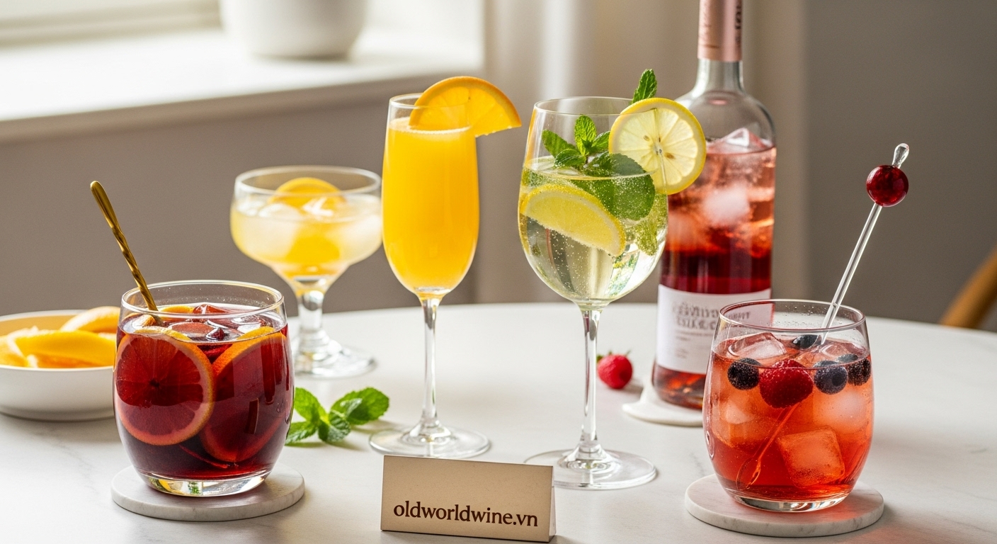 Hình ảnh cocktail pha từ rượu vang – spritzer, sangria, mimosa – thể hiện xu hướng đồ uống nhẹ nhàng hiện đại
