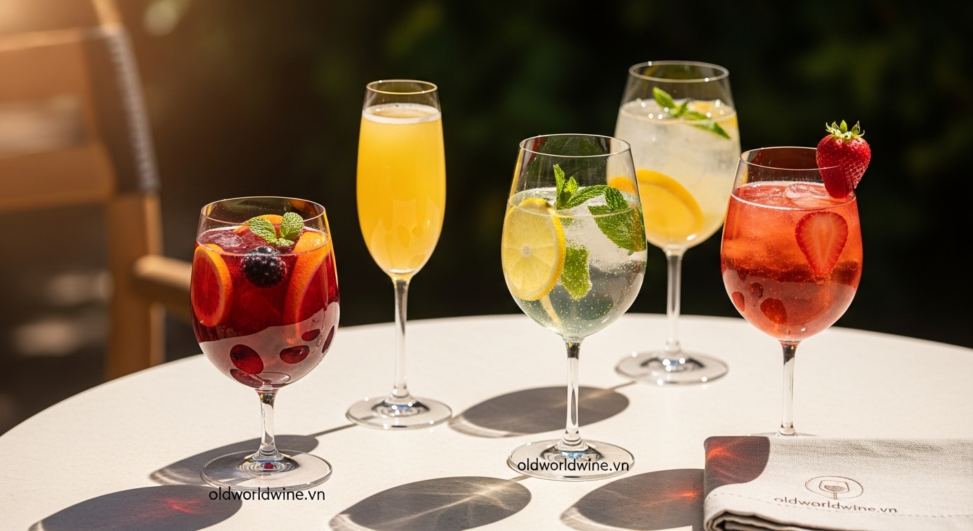Hình ảnh cocktail pha từ rượu vang – sangria, mimosa, spritzer – trong khung cảnh tiệc cuối tuần vui vẻ