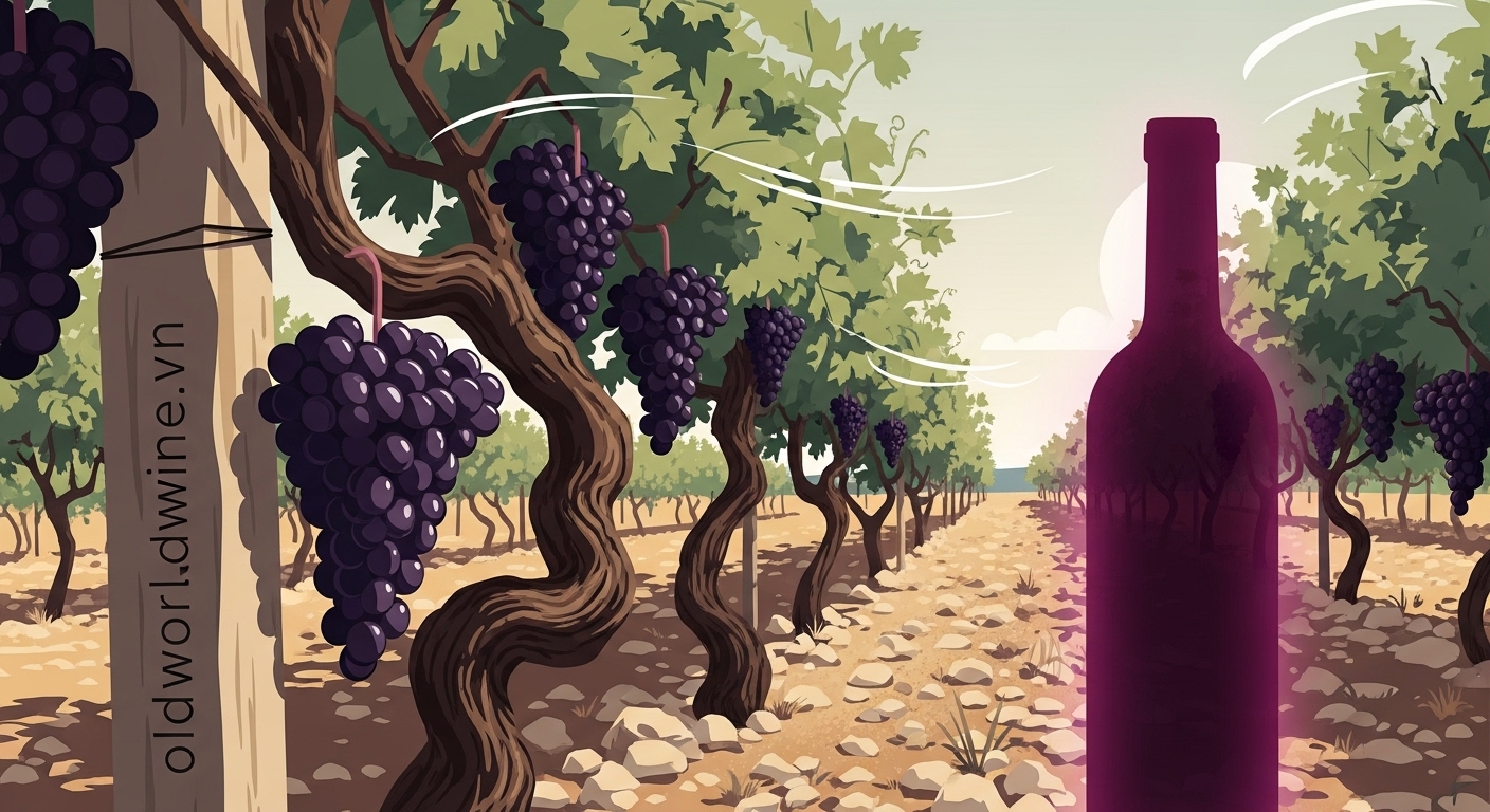 Hình ảnh giống nho Negroamaro đặc trưng vùng Salento, Puglia với màu sắc đậm và cá tính mạnh