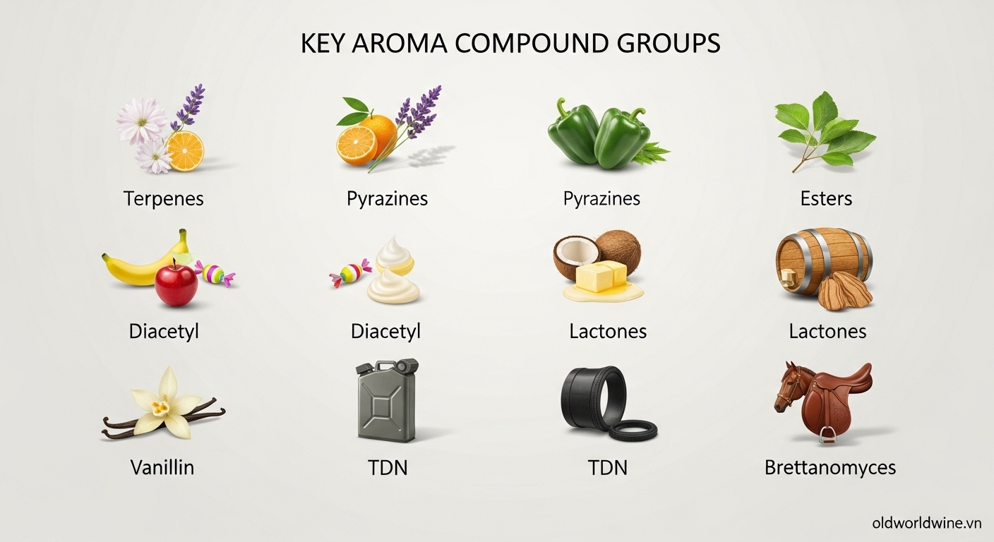 Minh họa các nhóm hợp chất hóa học tạo mùi chính trong rượu vang như terpenes, pyrazines, esters, diacetyl, lactones, vanillin, TDN và brettanomyces