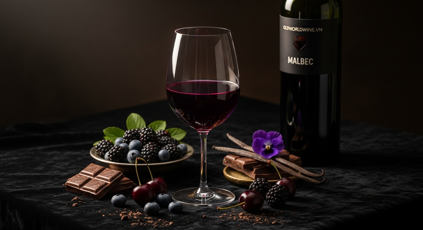 Hình ảnh ly rượu Malbec đỏ tím quyến rũ trên nền vải nhung, được bao quanh bởi trái cây đen, sô cô la và hoa violet, thể hiện hương vị đậm đà và mềm mại của giống nho Malbec