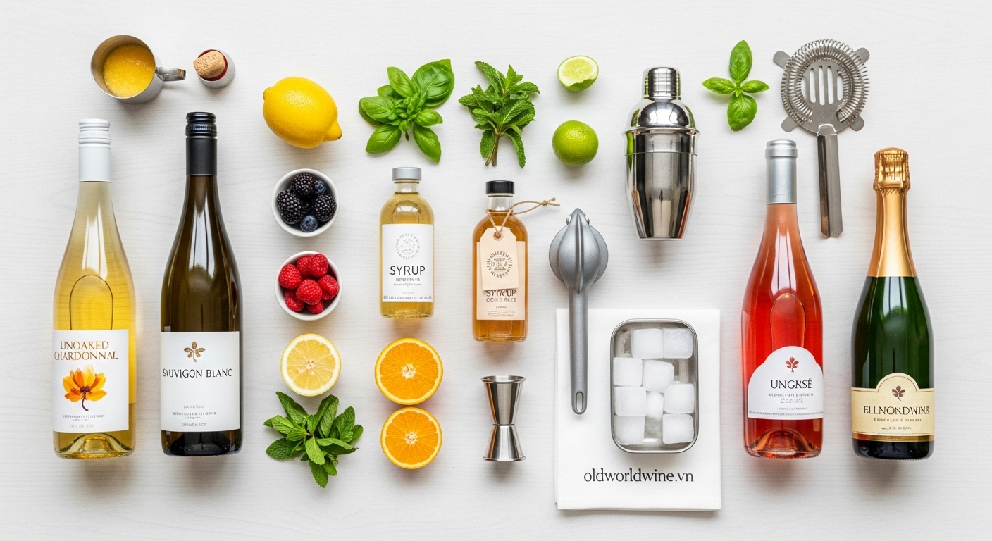 Nguyên liệu pha cocktail rượu vang – vang trắng, vang hồng, trái cây tươi, thảo mộc, đá và dụng cụ pha chế cơ bản