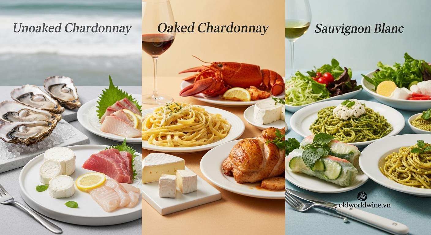Hình ảnh pairing món ăn với rượu vang Chardonnay và Sauvignon Blanc – kết hợp ẩm thực đa phong cách