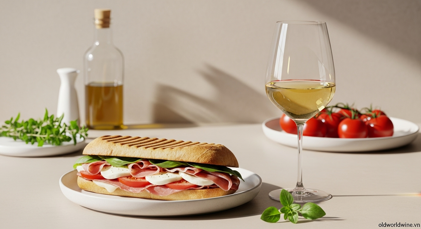 Panini kiểu Ý giòn rụm với phô mai Mozzarella, thịt Prosciutto, cà chua, húng quế kết hợp cùng ly rượu vang trắng hoặc Chianti thanh mát.