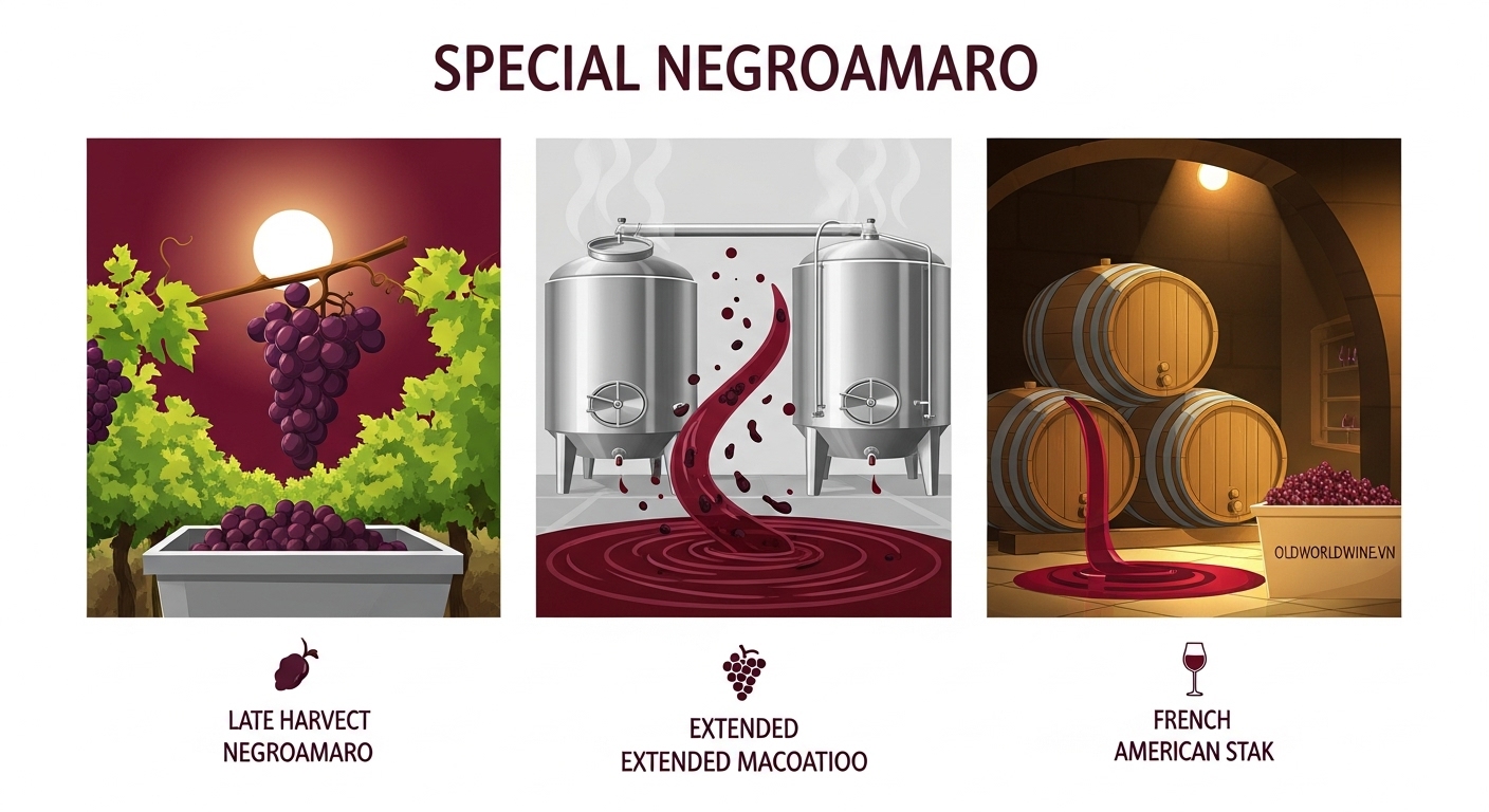 Minh họa quy trình sản xuất đặc biệt của rượu Vang F Negroamaro: thu hoạch muộn, ngâm ủ kéo dài và lão hóa thùng gỗ sồi