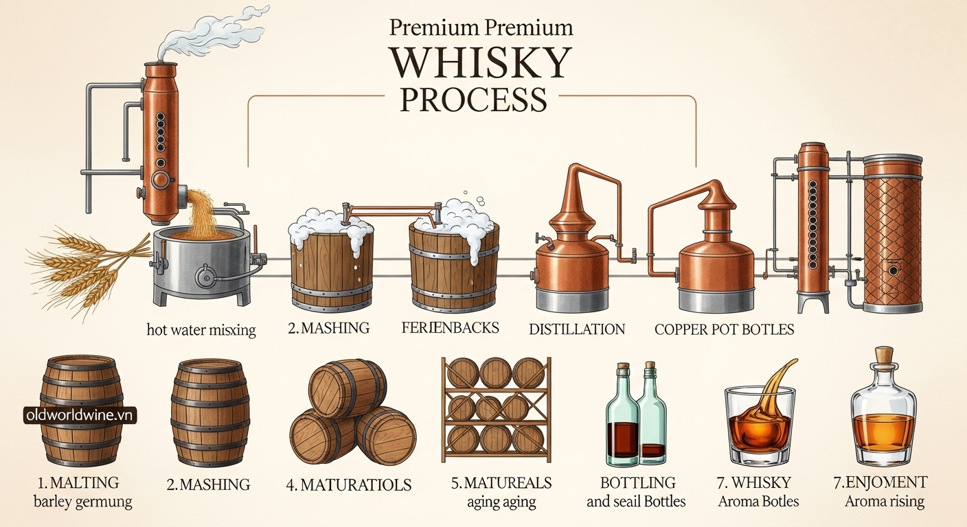 Infographic mô tả quy trình sản xuất whisky chất lượng cao, từ ủ mầm ngũ cốc đến chưng cất và ủ trong thùng gỗ sồi, kết thúc bằng ly whisky hoàn chỉnh.