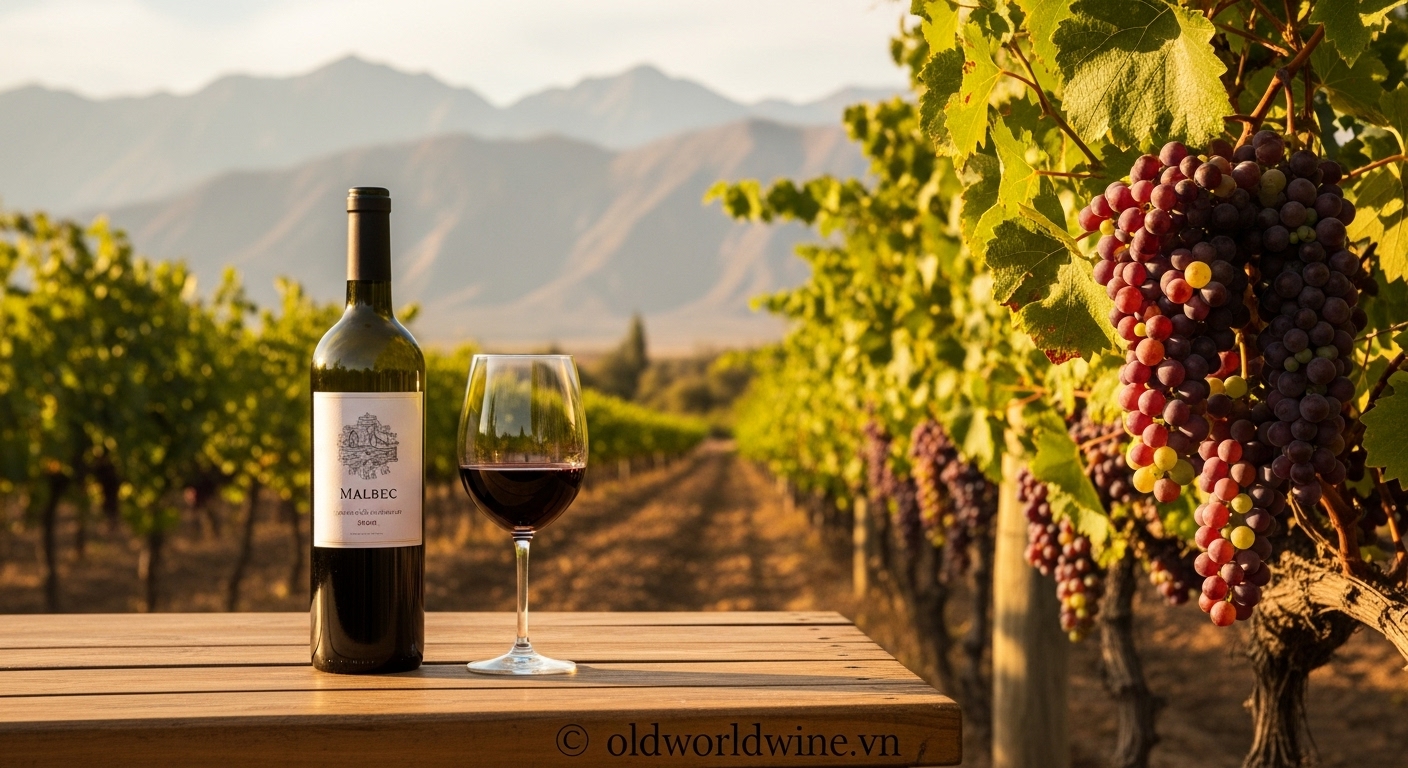 Cảnh vườn nho Mendoza lúc hoàng hôn với chai rượu Malbec và ly rượu trên bàn gỗ mộc, thể hiện sự chuyển mình đầy cảm hứng của giống nho từ Pháp đến Argentina