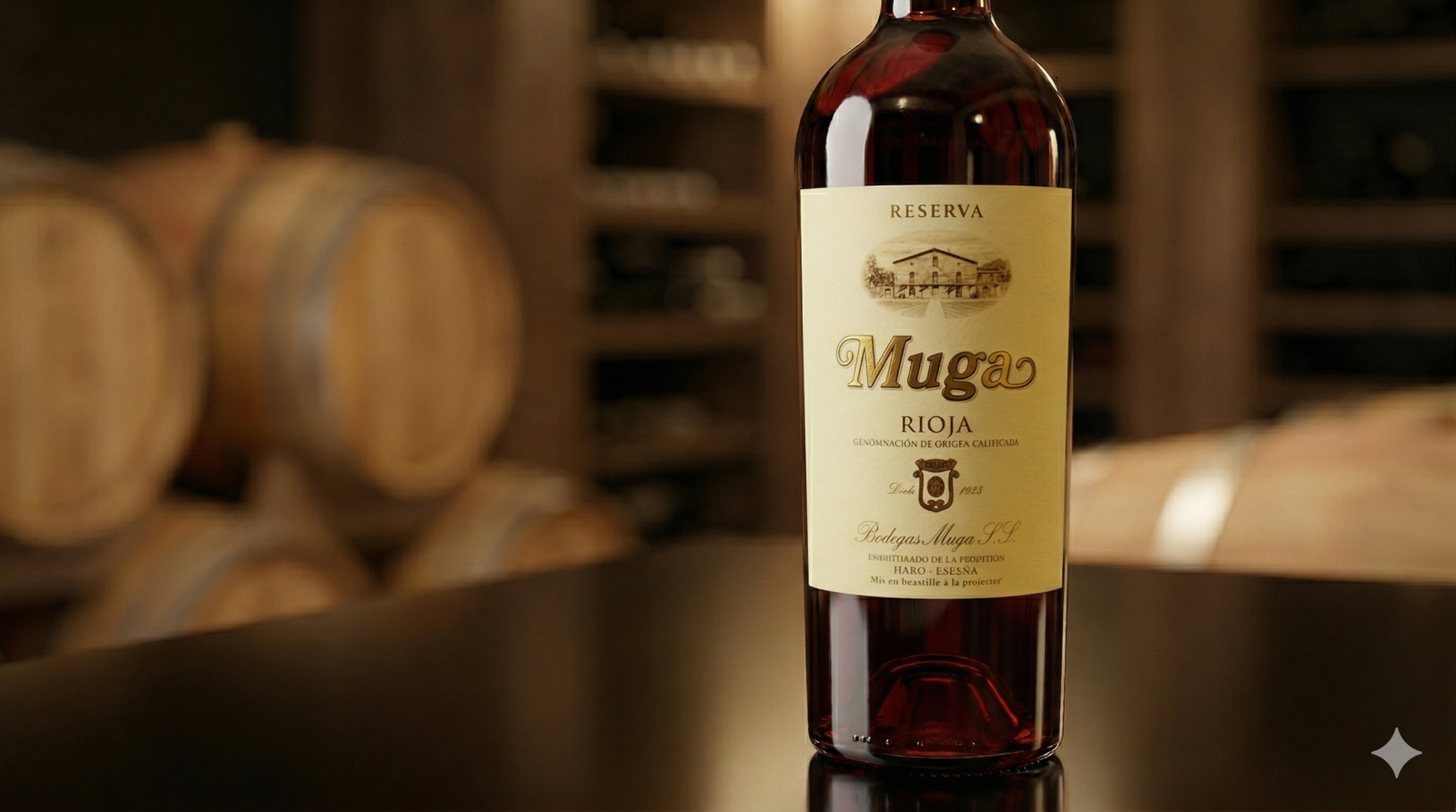 Chai rượu vang đỏ Tây Ban Nha Muga Reserva Rioja DOCa được chụp cận cảnh trên bề mặt phản chiếu trong hầm rượu.