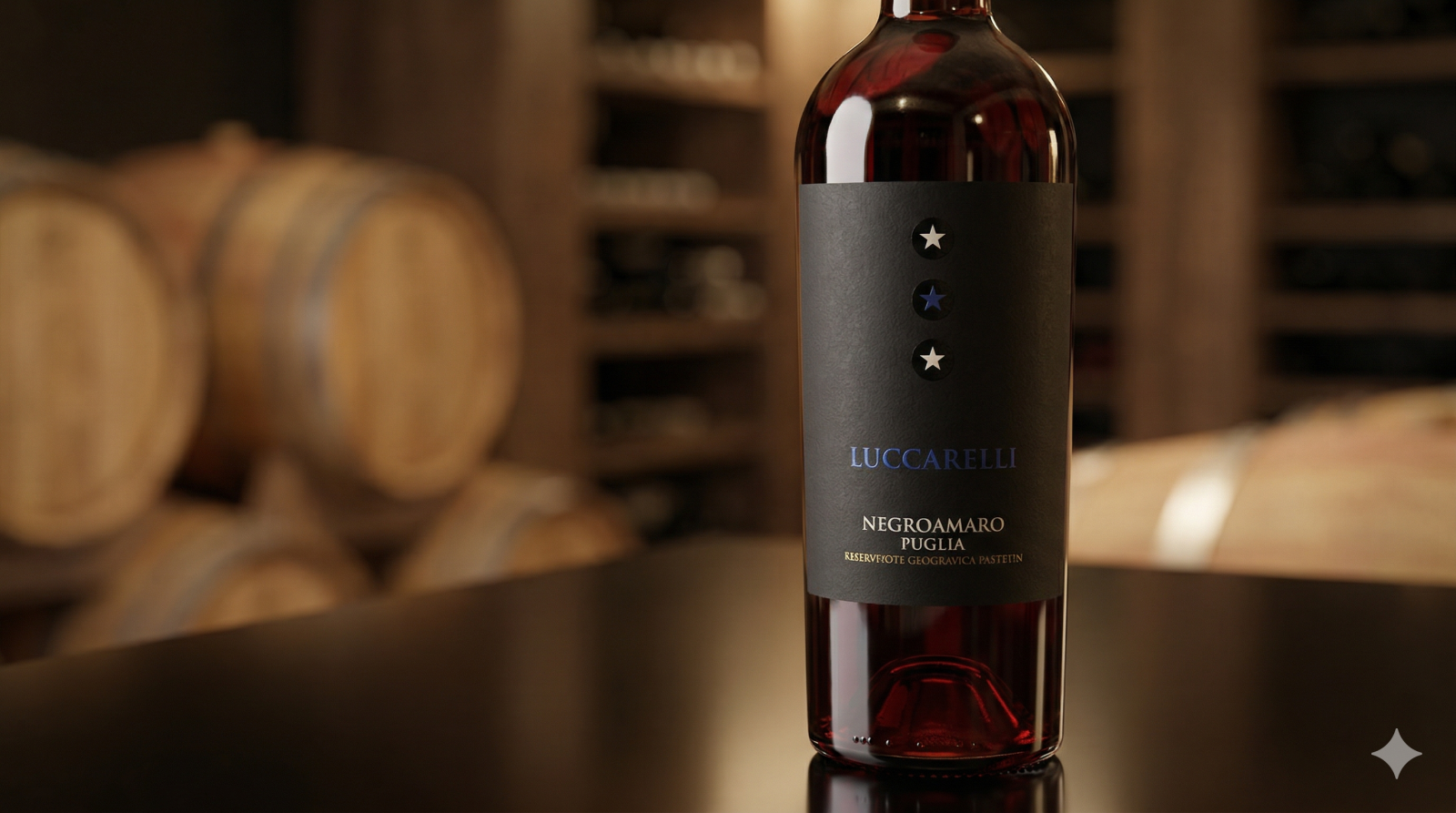 Chai rượu vang đỏ Ý Luccarelli Negroamaro Puglia IGP được chụp cận cảnh trên bề mặt phản chiếu trong hầm rượu.