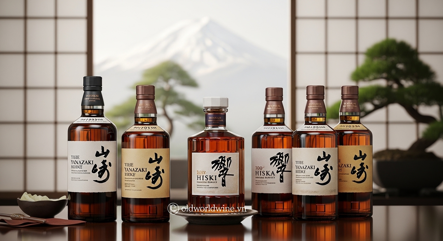 Bộ sưu tập rượu whisky Nhật Bản cao cấp gồm Yamazaki, Hibiki và Nikka, được bày trí tinh tế theo phong cách truyền thống Nhật, với ánh sáng nhẹ nhàng và bố cục hiện đại, lý tưởng cho website về rượu vang và whisky.