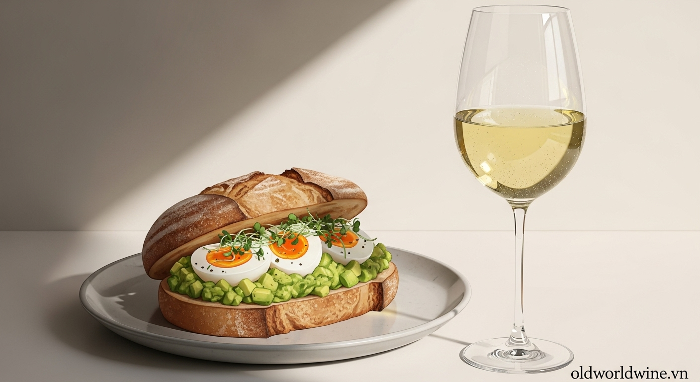 Hình ảnh sandwich bơ trứng dầm trên bánh mì sourdough, kết hợp cùng ly vang trắng mát lạnh – lựa chọn bữa sáng bổ dưỡng và tinh tế.