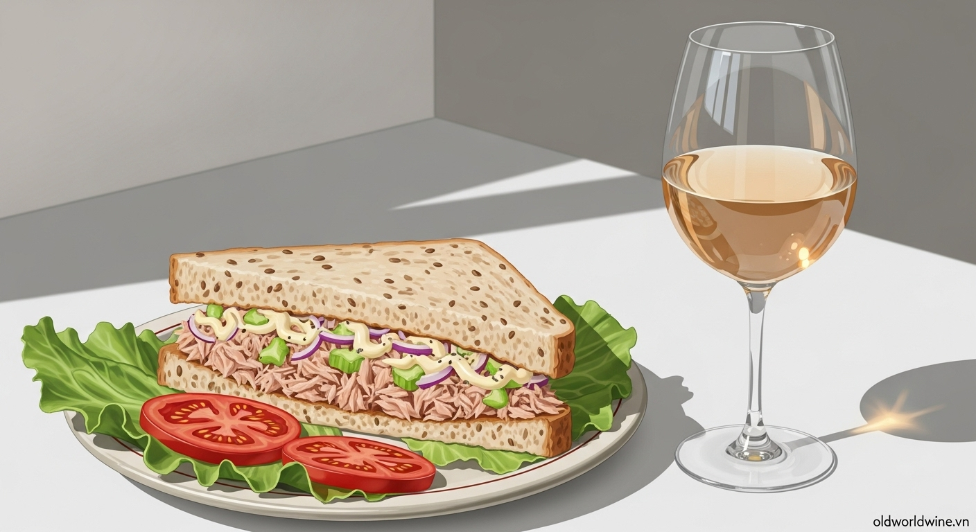 Hình ảnh sandwich cá ngừ nguyên cám kèm rau xanh, kết hợp cùng ly vang trắng hoặc vang hồng tươi mát – bữa trưa dinh dưỡng và hiện đại.