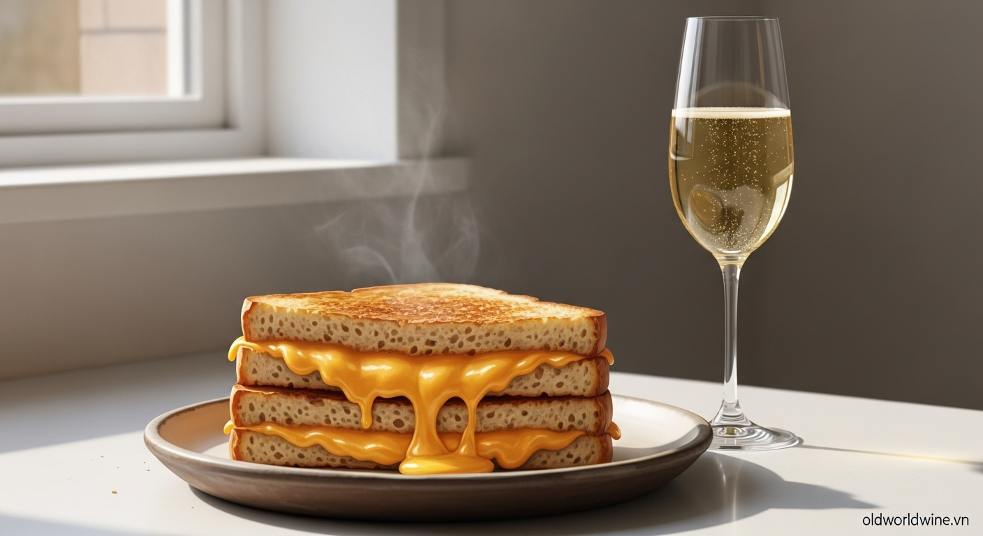 Sandwich phô mai nướng giòn tan, béo ngậy kết hợp cùng ly vang sủi hoặc Chardonnay – bữa ăn ấm áp cho ngày se lạnh.