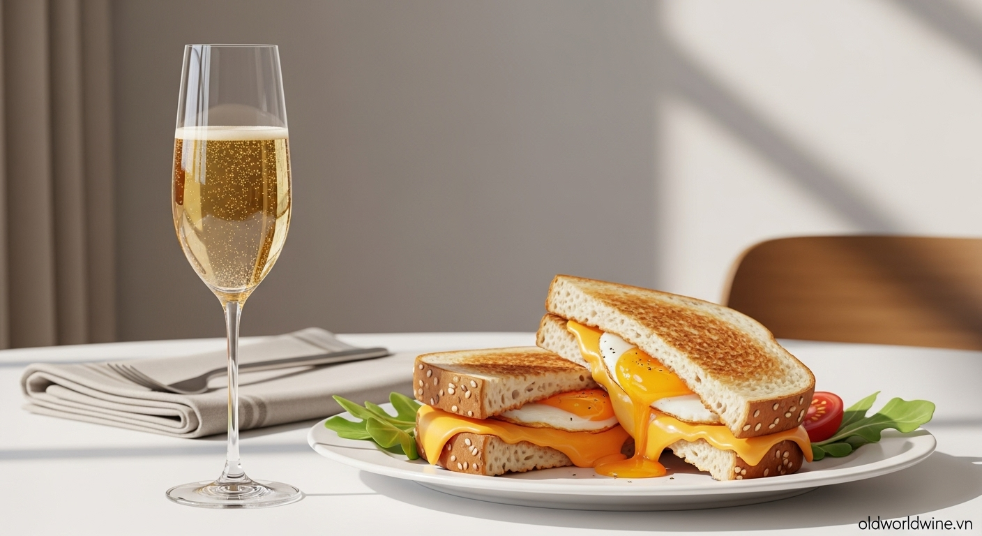 Hình ảnh sandwich trứng phô mai nóng hổi, béo ngậy kết hợp cùng ly vang sủi tươi mát – bữa sáng đơn giản nhưng đầy năng lượng và phong cách.