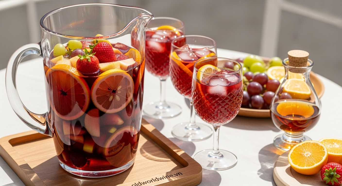 Hình ảnh ly sangria Tây Ban Nha với rượu vang đỏ và trái cây tươi – cocktail mát lạnh cho tiệc cuối tuần