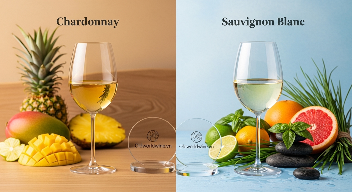 So sánh cảm quan rượu vang trắng Chardonnay và Sauvignon Blanc – hình ảnh mô tả hương vị và phong cách đặc trưng