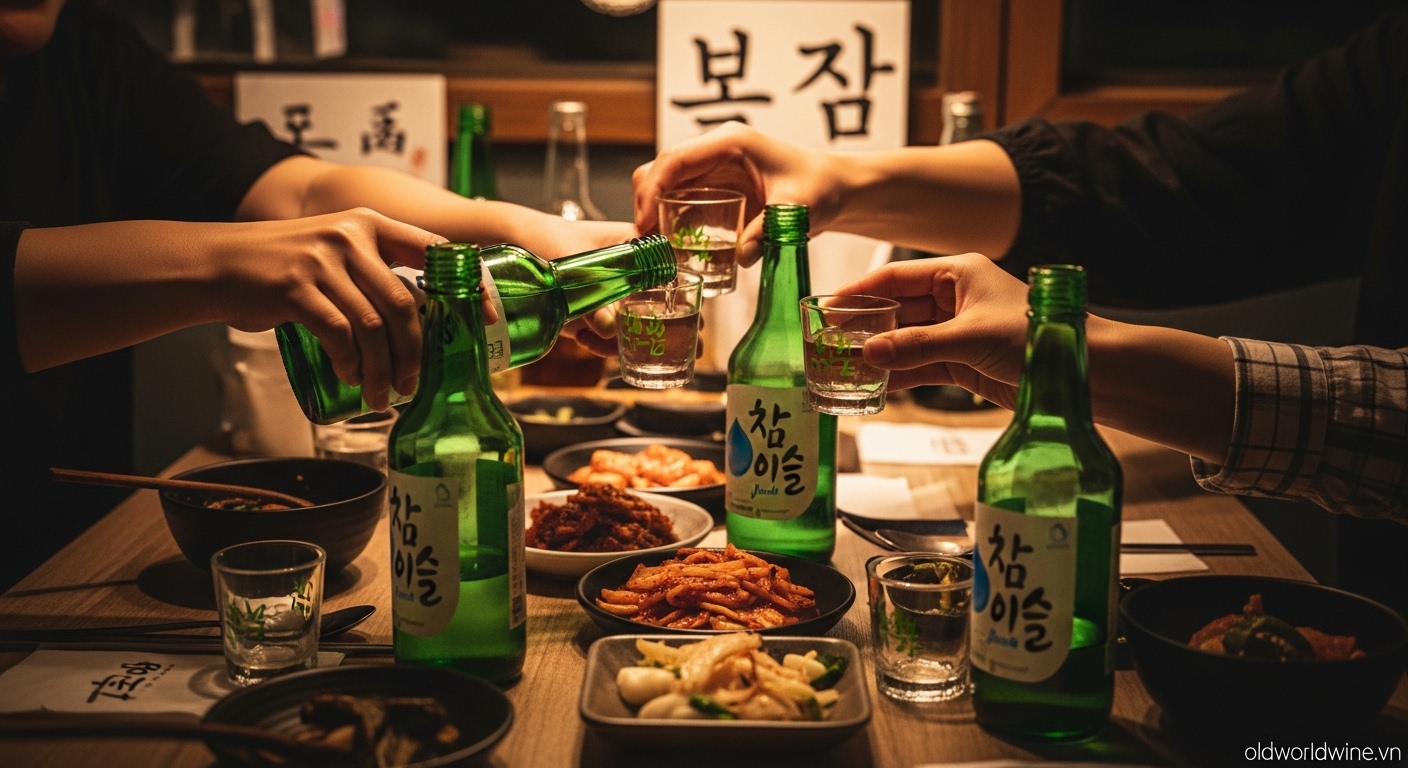 Hình ảnh buổi tụ họp thân mật của người Hàn Quốc với rượu Soju và món ăn truyền thống, thể hiện văn hóa kết nối và sẻ chia.