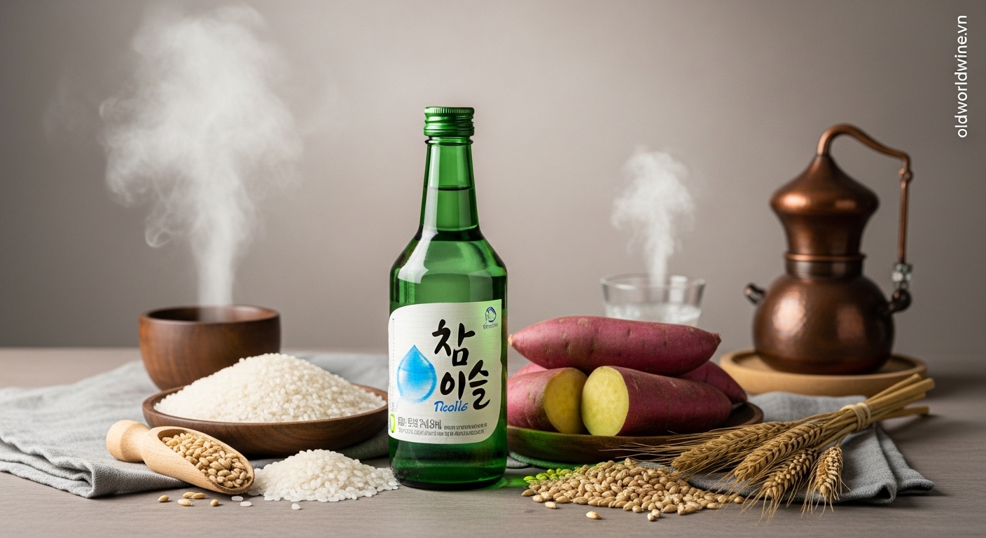 Hình ảnh chai Soju Hàn Quốc truyền thống bên cạnh gạo, khoai lang và lúa mạch – minh họa cho quá trình chưng cất và nguồn gốc đa dạng của rượu Soju.