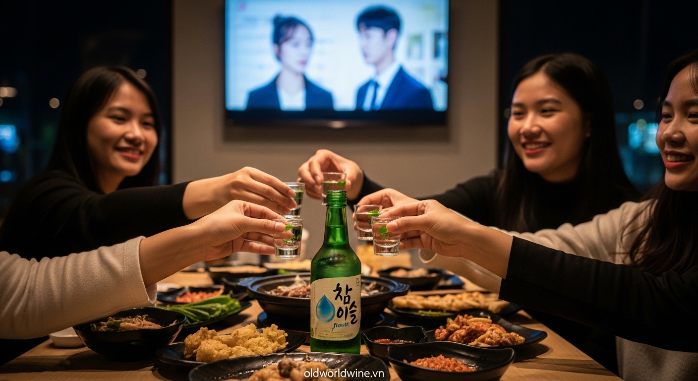 Hình ảnh giới trẻ Việt Nam thưởng thức Soju tại nhà hàng, phản ánh sự lan tỏa văn hóa Hàn Quốc qua ẩm thực và phim ảnh.
