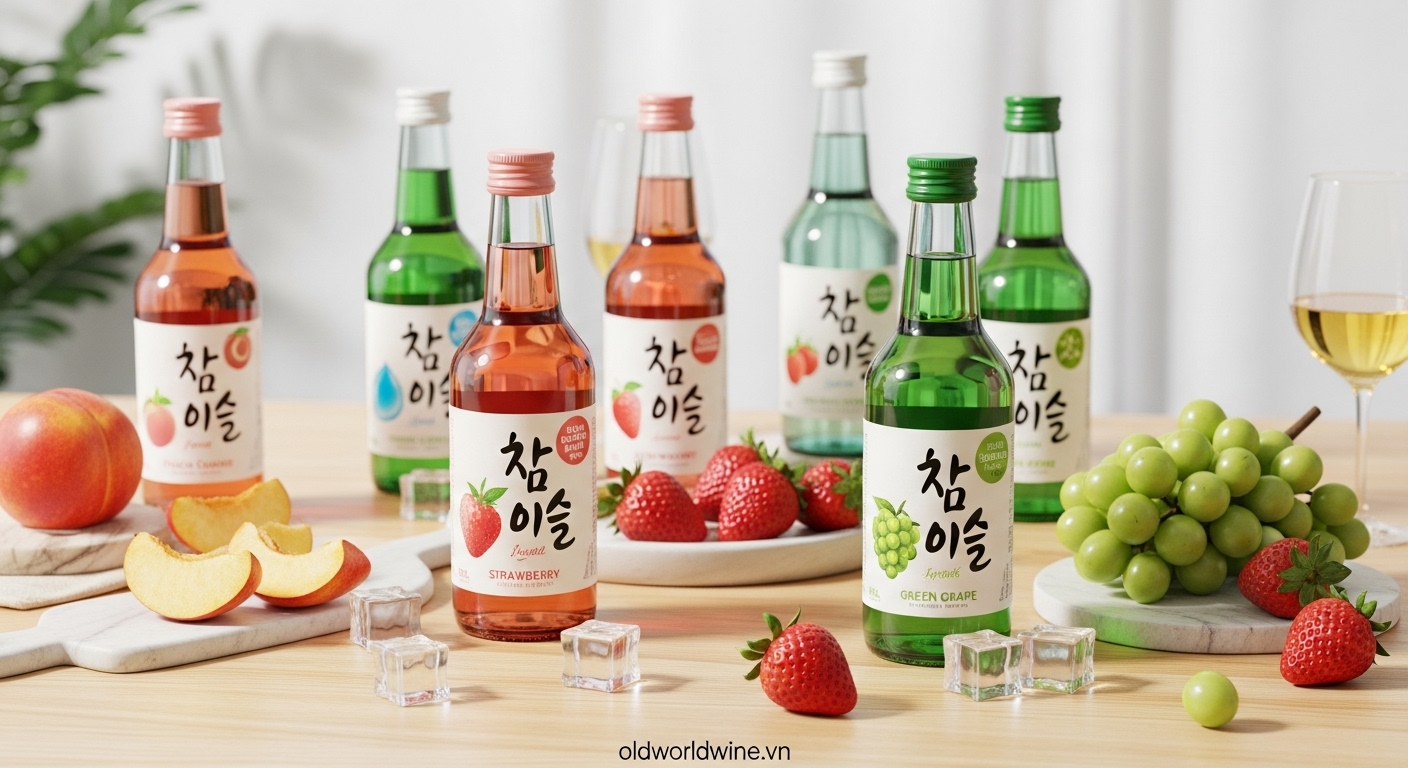 Hình ảnh các chai Soju trái cây với vị đào, dâu, nho xanh và trái cây tươi, mang phong cách trẻ trung, hiện đại.