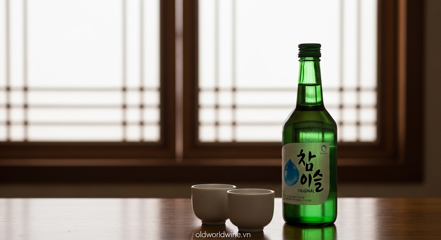 Hình ảnh chai Soju truyền thống và ly nhỏ trong không gian Hàn Quốc cổ điển, thể hiện sự mộc mạc và nguyên bản của rượu Soju Hàn Quốc.
