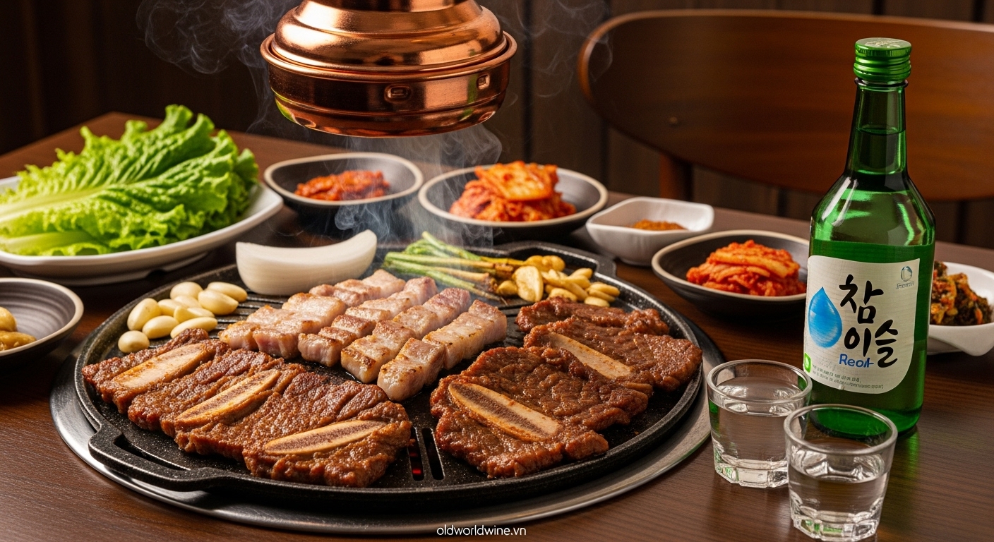 Hình ảnh bàn thịt nướng Hàn Quốc truyền thống với Samgyeopsal, Galbi và chai Soju, tạo cảm giác ấm cúng và hấp dẫn.