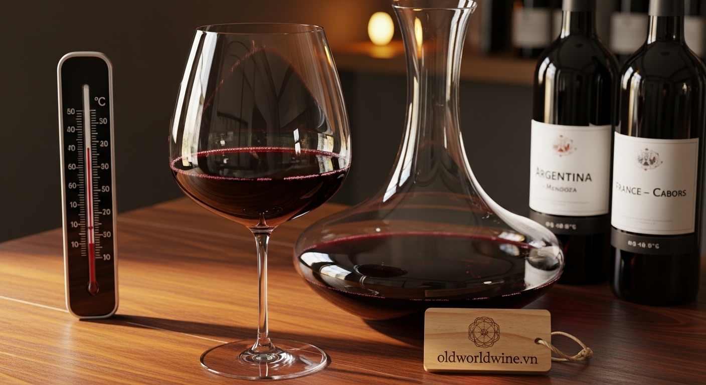 Khung cảnh thưởng thức rượu Malbec chuẩn chuyên gia với ly rượu đỏ lớn, decanter sang trọng và ánh sáng ấm cúng, gợi cảm giác tinh tế và hiểu biết trong thế giới rượu vang.