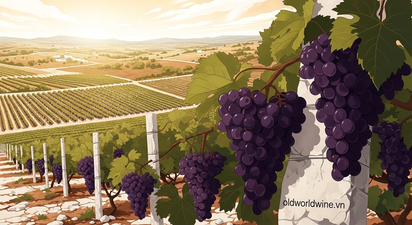 Cảnh quan vùng trồng nho Puglia với khí hậu Địa Trung Hải và giống nho bản địa Ý