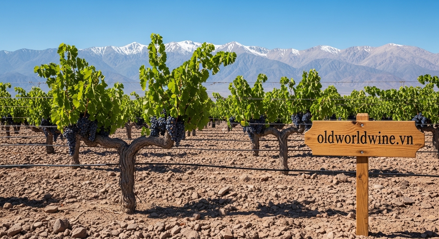 Hình ảnh vườn nho Malbec ở Mendoza, Argentina, với đất đá khô cằn, nho tím đậm và dãy núi Andes phủ tuyết phía sau, thể hiện khí hậu cao và terroir độc đáo của giống nho Malbec