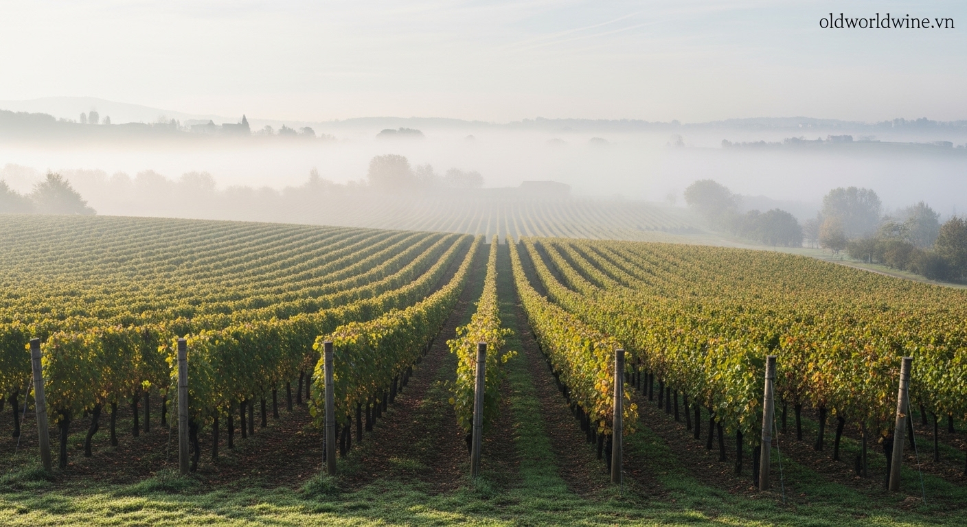Vườn nho Nebbiolo tại Piedmont Ý phủ sương mù mùa thu hoạch.
