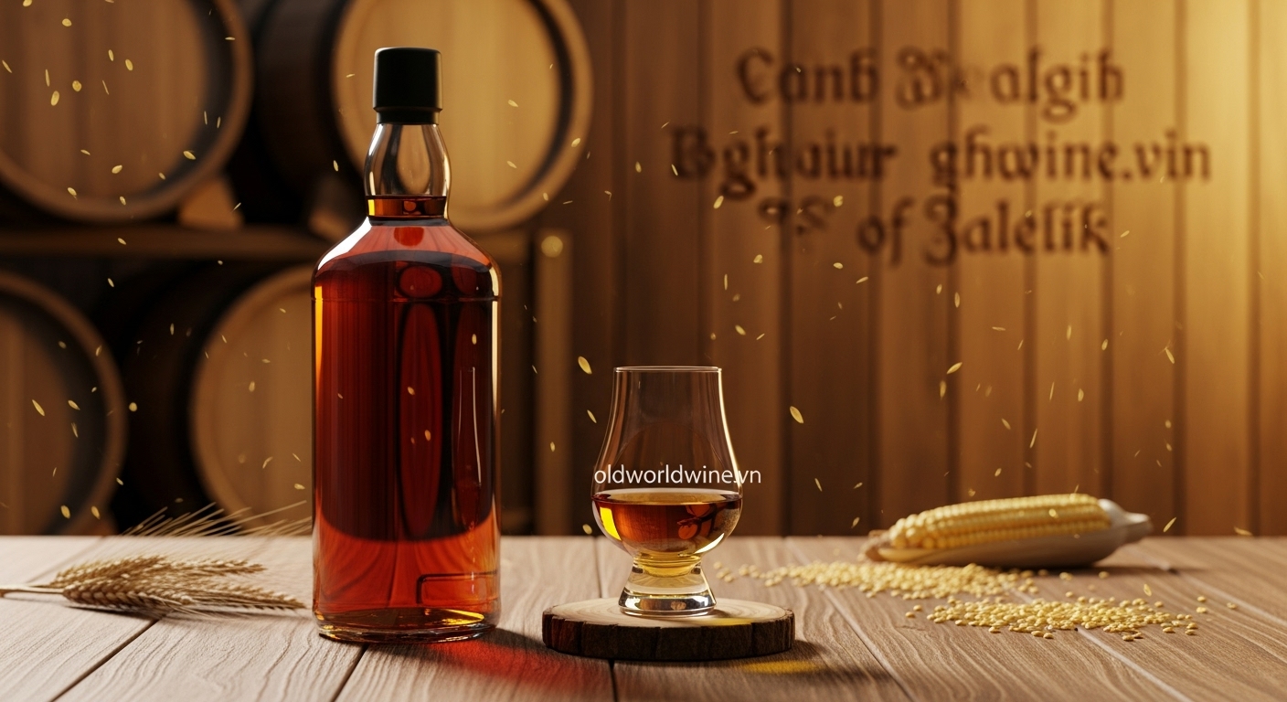 Hình ảnh chai whisky và ly rượu đặt trên bàn gỗ, với thùng gỗ sồi phía sau, gợi cảm giác sang trọng và truyền thống lâu đời.