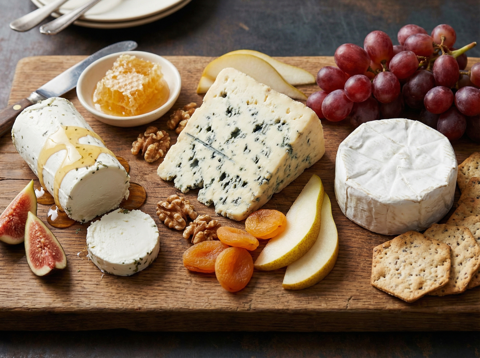 Cận cảnh từng loại phô mai từ phô mai dê mềm mịn đến phô mai xanh đặc trưng, xếp cạnh các nguyên liệu ăn kèm]